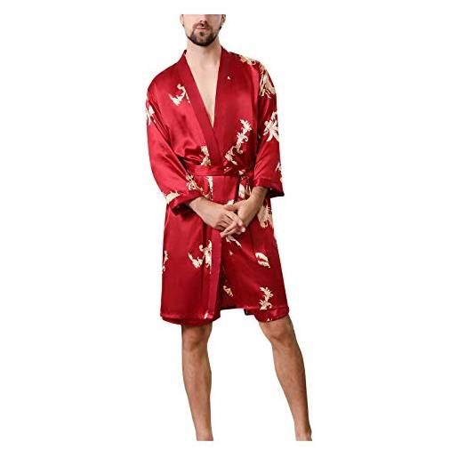 Generic vestaglia corta da donna in raso vestaglia da notte vestaglia da donna in raso di seta vestaglia lunga kimono con stampa comoda abbigliamento da notte casual accappatoio abiti da casa, vino, 3xl