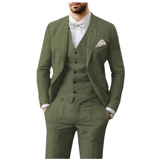Tiavllya 3 pezzi abiti di lino per gli uomini estivi casual spiaggia matrimonio sposo vestito di lino blazer pantaloni abiti, verde militare, 58
