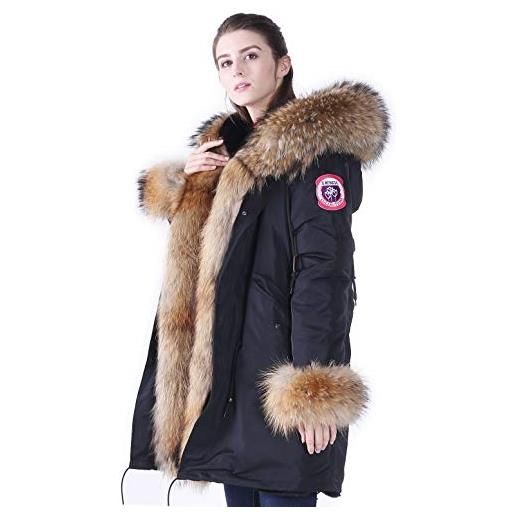 S.ROMZA pelliccia invernale parka cappotto grande pelliccia reale di raccoione trimmed caldo faux fur foderato giacca impermeabile (s, nero)