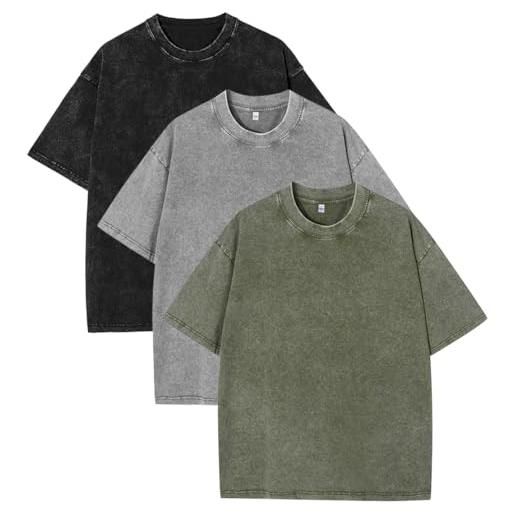 PADOLA t shirt uomo cotone maglietta uomo manica corta vintage lavato oversized streetwear camicia t shirt semplice(nero grigio verde, xxl)