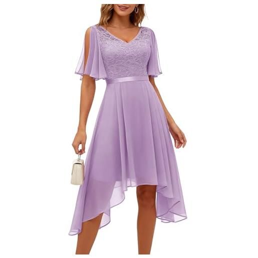 Berylove, abito corto elegante da donna, scollatura a v, asimmetrico, orlo svolazzante, abito da cocktail, con fessura, a maniche lunghe, in pizzo, blu, s