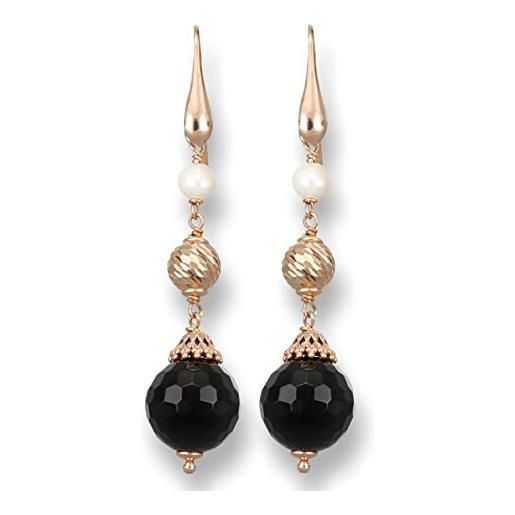ECLETTIKA, orecchino in argento 925 - placcato oro rosa con attacco ad amo, perle e pietre naturali - perle bianche di fiume - agata nera