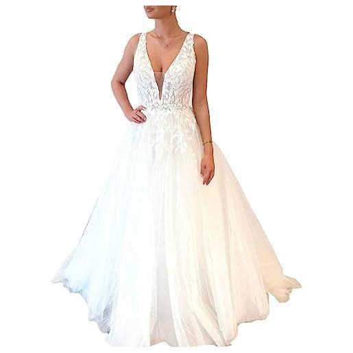 HEULORIA abito da sposa boho a line scollo a v perline pizzo grand vestito da sposa lungo treno al-vs-0623 (40, white)