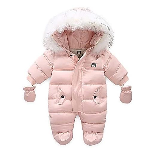 Qtinghua infant baby boys girls winter jumpsuits snowsuit with gloves warm hoodied footie outwear down coat romper jacket (b pink, 6-9 months)