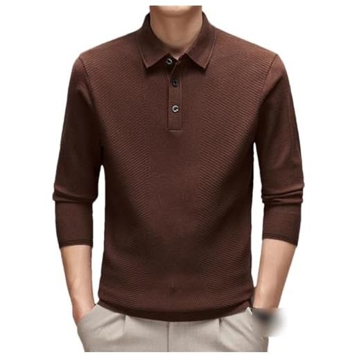 REHJJDFD polo da uomo a maniche lunghe con bottoni classici tinta unita casual pullover t-shirt top, marrone, l