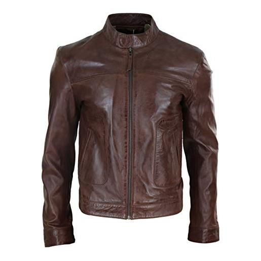 Infinity Leather giacca classica uomo in vera pelle stile biker casual con colletto alla coreana - marrone 5xl