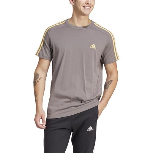 T-shirt tempo libero uomo adidas grigio giallo essentials 3-stripes is1334
