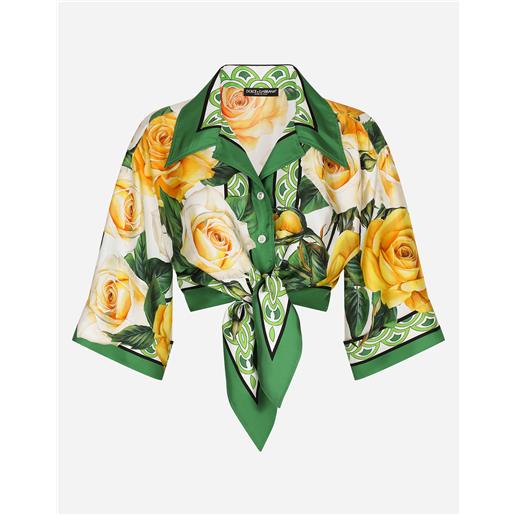 Dolce & Gabbana camicia corta con fiocco in seta stampa rose gialle