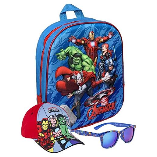 Clondo avengers set regalo 3 pezzi con zaino, cappello visiera, occhiali da sole, bambini, multicolore, hulk, captain america, iron man, thor