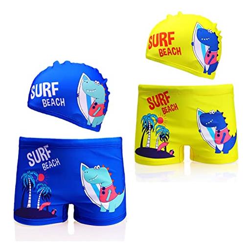 NautySaurs confezione da 2 boxer da bagno per ragazzi da 1 a 10 anni con dinosauro per bambini, surf dinosaur-blu&giallo, 4-6 anni