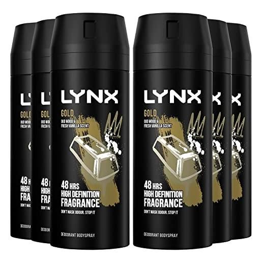 Lynx gold limited edition anthony joshua, deodorante spray per il corpo maschile, fresco e di lunga durata, confezione da 6 x 150 ml