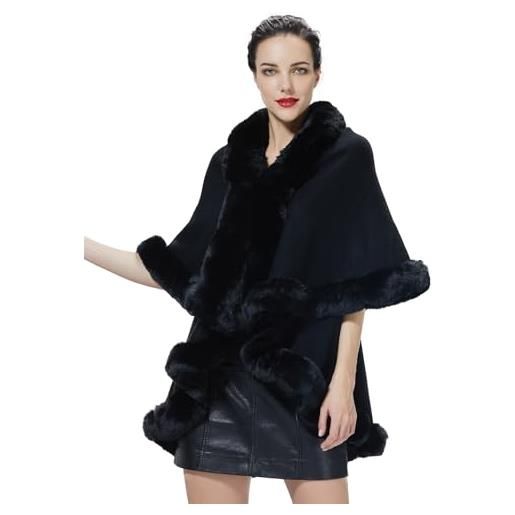 BEAUTELICATE mantello poncho scialle donna pelliccia sintetica stola maglia cardigan invernale matrimonio (nero, taglia unica)
