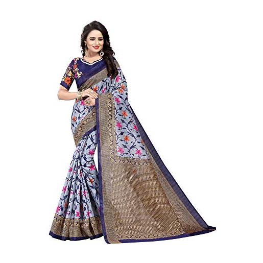 ETHNICMODE women's bhagalpuri silk fabrics multi-colored printed sari with blouse piece (fabric) swati navy