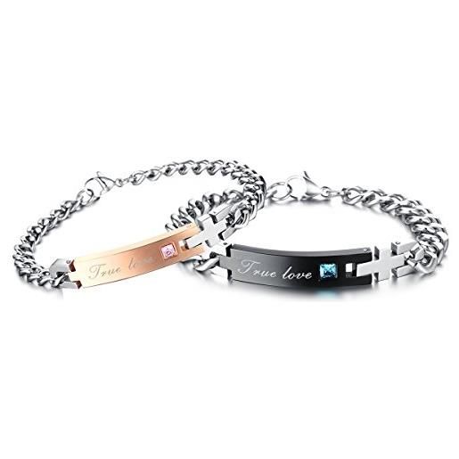 OIDEA bracciale braccialetto per coppia lovers braccialetto in acciaio inox true love mosaico zircone prevenire l'allergia regalo per amante nero oro(1 coppia)