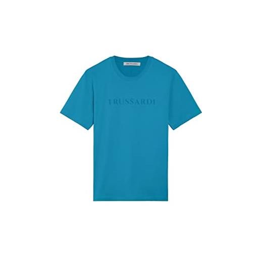 Trussardi t-shirt manica corta da uomo marchio, modello lettering print cotton jersey 30/1 52t00724-1t005381, realizzato in cotone. L turchese