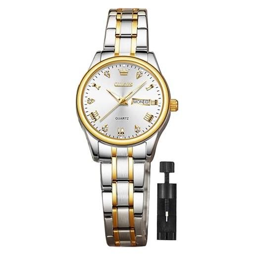 OLEVS orologio da donna in acciaio inossidabile impermeabile diamante piccolo quadrante analogico al quarzo orologi da donna moda oro nero bianco quadrante blu orologio da polso da donna, oro e