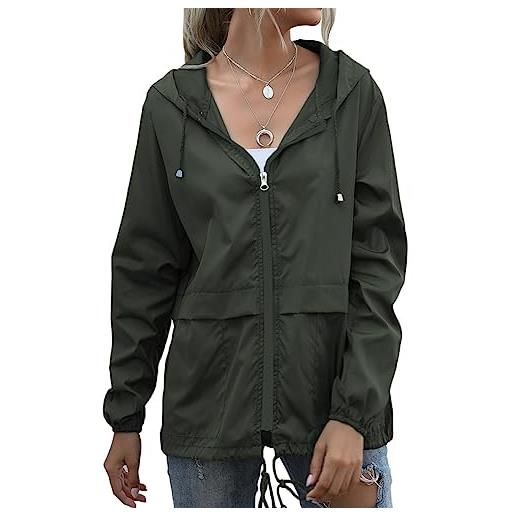 Balems giacca impermeabile da donna, leggera, traspirante, pieghevole, in softshell, con tasche, verde militare, xl