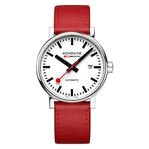 Mondaine orologio automatico unisex, misura cassa 40.00mm con quadrante bianco analogico e cinturino rosso in pelle mse. 40610. Lc