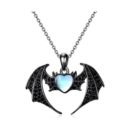 Flpruy collana a forma di teschio con ciondolo a forma di pipistrello nero, in argento 925, con pietre preziose, per halloween, argento sterling