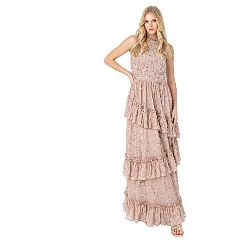 Maya Deluxe womens maxi ladies embellished ruffle sleeveless tie back dress for wedding guest bridesmaid prom evening occasion vestito, taupe blush, 50 donna