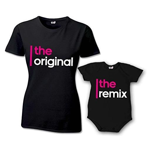 Babloo coppia t-shirt e bodino donna bambino festa della mamma the original the remix t-shirt nere mamma e femminuccia donna m - bimbo 3 mesi