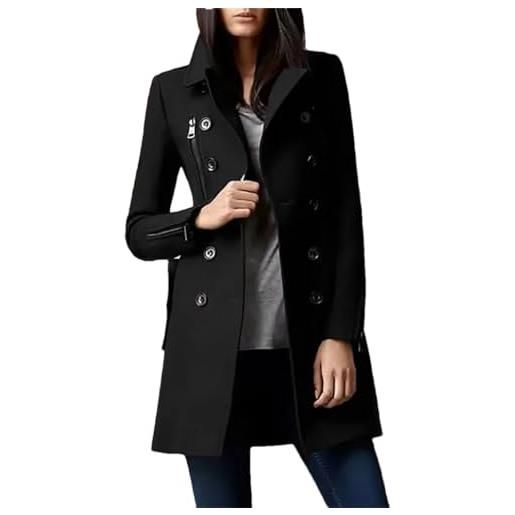 Nlievara womenthick outwear cappotto doppio petto da pisello trench medio lungo con zip colletto alla coreana giacca calda, 02 nero, s
