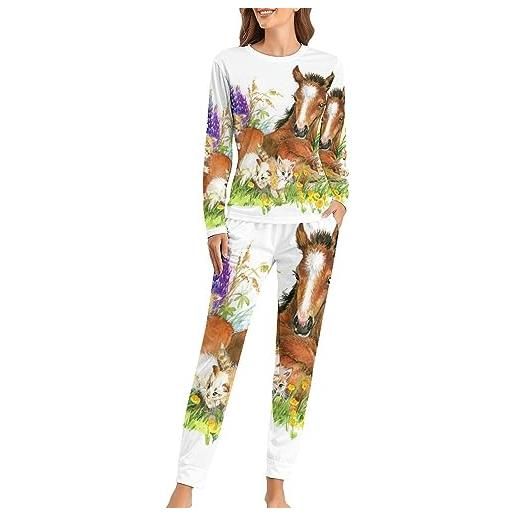 Generic gatto cavallo set pigiama da donna con camicia a maniche lunghe e pantaloni due pezzi sleepwear