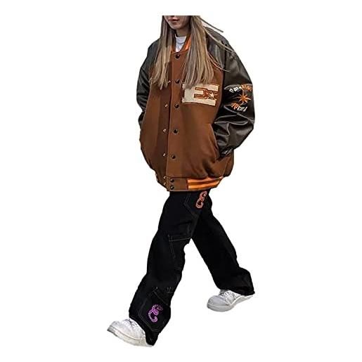SMIMGO y2k oversize vintage marrone giacche zip up felpe cappotto e-girl 90s estetica moda felpa gilets coppie baseball uniforme (colore: nero, taglia: l)
