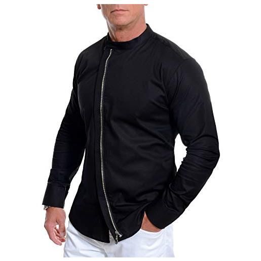 D&R Fashion camicia asimmetrica da uomo collare mandarino manica lunga cerniera in metallo