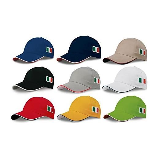 Subito disponibile stock 10 pezzi cappello cappello visiera rigida ricamo tricolore bandiera laterale | visiera rigida precuravata con piping e sottovisiera a contrasto | con etichetta in tessuto della bandiera italiana | chiusura regolabile con velcro |