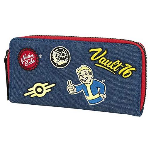 Difuzed fallout 76 vault denim with embroidered patches purse around zip wallet portamonete, 24 cm, blu (blue)