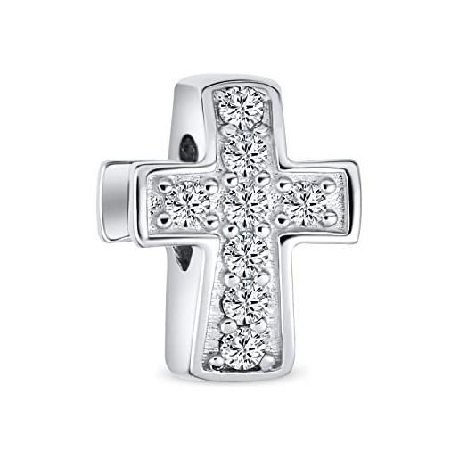 Bling Jewelry semplice perlina scintillante religiosa spirituale con pavé chiaro di croci in cz per per donne, adolescenti, matrimonio. 925 argento adatto a bracciale europeo