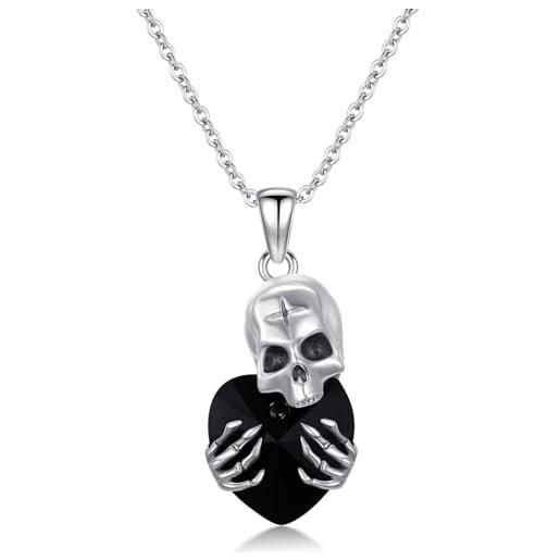 Flpruy collana a forma di teschio con ciondolo a forma di pipistrello nero, in argento 925, con pietre preziose, per halloween, argento sterling