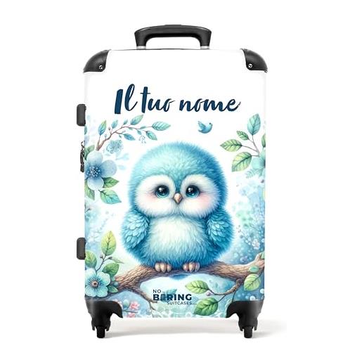 NoBoringSuitcases.com © valigia per bambini valigia per bambini valigia da viaggio bagaglio per bambini a 4 ruote, serratura tsa (personalizzato: giovane gufo blu su ramo), (valigia media 67x43x25 cm)