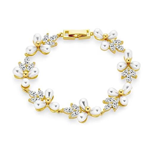 Bling Jewelry sposa multi fiori cz foglia genuine bianco d'acqua dolce bracciale di perle coltivate per le donne placcato oro 18k 7 pollici