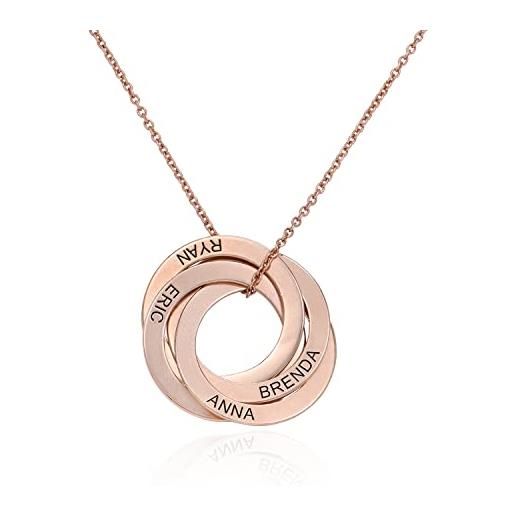 MyNameNecklace myka - collana personalizzata con quattro cerchi intrecciati incisi con nomi - gioiello nomi multipli alla russa - argento 925 placcato oro rosa 18k - regalo custom festa della mamma