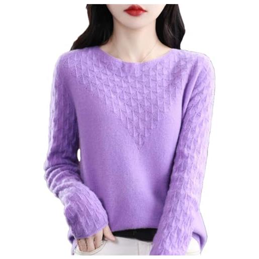 Pegsmio primavera e autunno maglione di lana merino o-collo hollow pullover maglione maglione cashmere top slim largo, lavanda, l