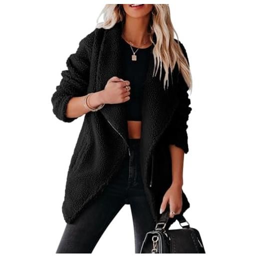 Minetom cappotto felpa donna giacca in pile calda invernale con cerniera maniche lunghe risvolto cardigan maglione giacche con tasche a nero xl