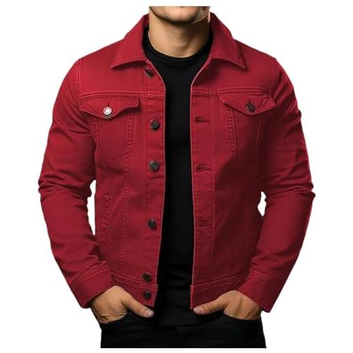 KSKAN giacca da camicia di jeans da uomo - giacca cargo stile vintage jean con 2 tasche giacche di jeans da uomo leggere da camionista classiche casual eleganti, rosso, m