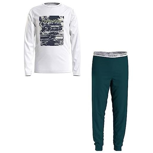 Calvin Klein knit pj set (ls+cuffed pant) b70b700455 pigiama, bianco (pvhwhite/w/darkeverglade), 14-16 anni bambini e ragazzi