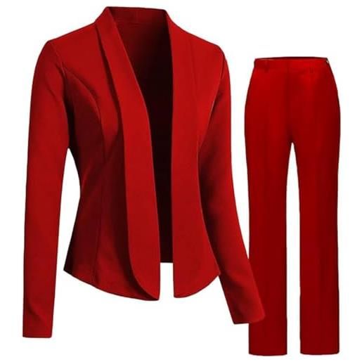 KAMISIGA completo da donna in 2 pezzi, blazer, pantaloni da donna, giacca da ufficio, abbigliamento casual, rosso, 48