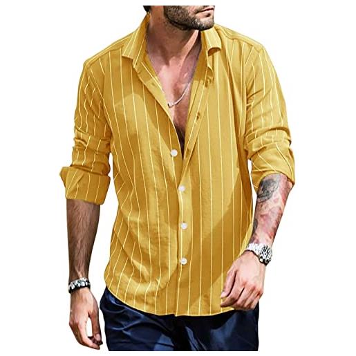 FAWHEWX camicia a maniche lunghe casual da uomo camicia a maniche lunghe con bottoni a righe e scollo a v camicia a maniche lunghe da uomo estiva semplice a righe(c-giallo/l)