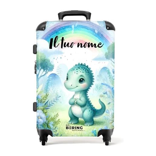 NoBoringSuitcases.com © valigia per bambini valigia per bambini valigia da viaggio bagaglio per bambini a 4 ruote, serratura tsa (personalizzato: dinosauro blu con natura), (valigia media 67x43x25 cm)
