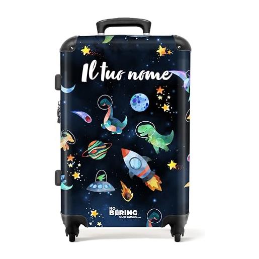NoBoringSuitcases.com © valigia per bambini valigia per bambini valigia da viaggio bagaglio per bambini a 4 ruote, serratura tsa (personalizzato: dinosauri, ufo e stelle), (valigia media 67x43x25 cm)