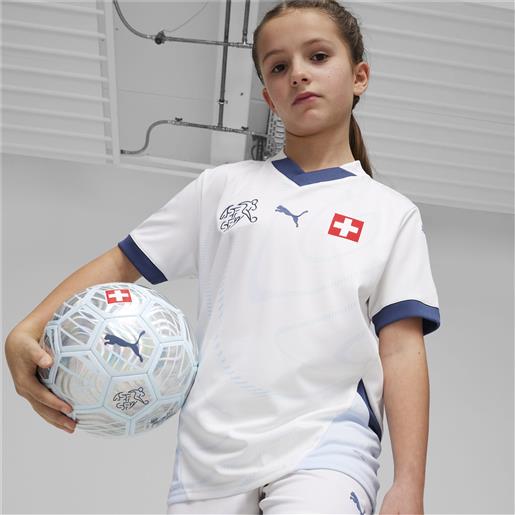 PUMA scarpe maglia da calcio in jersey gara away svizzera 2024 da ragazzi, bianco/blu/altro