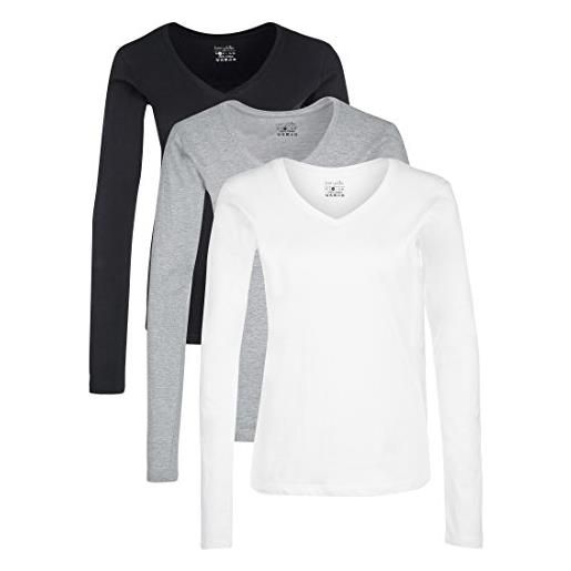 Berydale maglietta a maniche lunghe con scollo a v in 100% cotone, donna, nero/bianco/grigio (confezione da 3), m