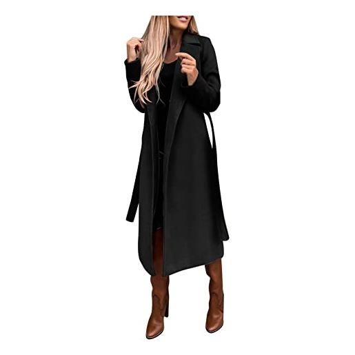 MNRIUOCII cappotto di lana finto da donna camicetta cappotto sottile trench giacca lunga da donna sottile cintura lunga elegante cappotto capispalla da donna cappotti di lana, nero , xl