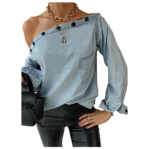 Yomie camicia da donna con spalle scoperte e maniche lunghe con bottoni in denim con top in jeans sexy per donna