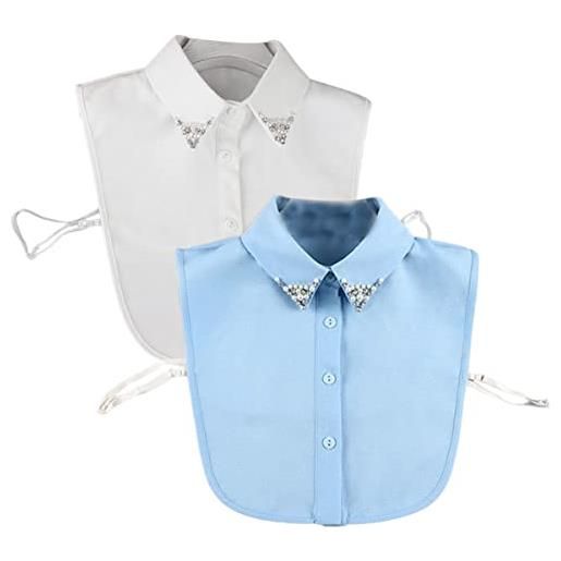 LoudSung colletto finto staccabile mezza camicia camicetta colletto falso elegante inserto diamante disegni per donne ragazze 2pcs, blu e bianco, 52