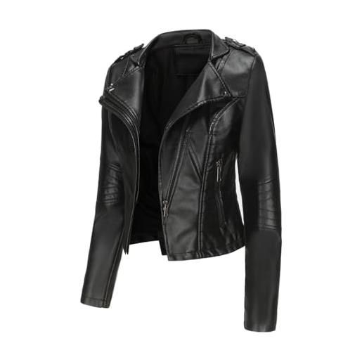 HZQIFEI giacca in pelle pu da donna, giacca motociclista da donna corta casual per primavera e autunno pjk10 (nero, s)